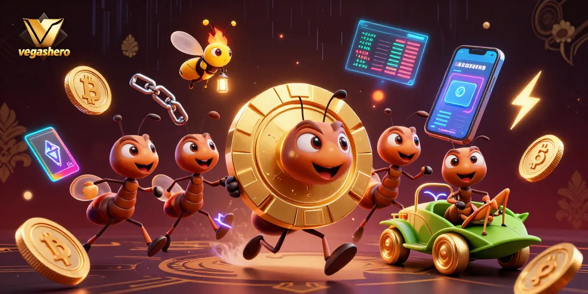 Experience a thrilling heist with the vegashero team carrying a giant poker chip in a vibrant casino setting.
