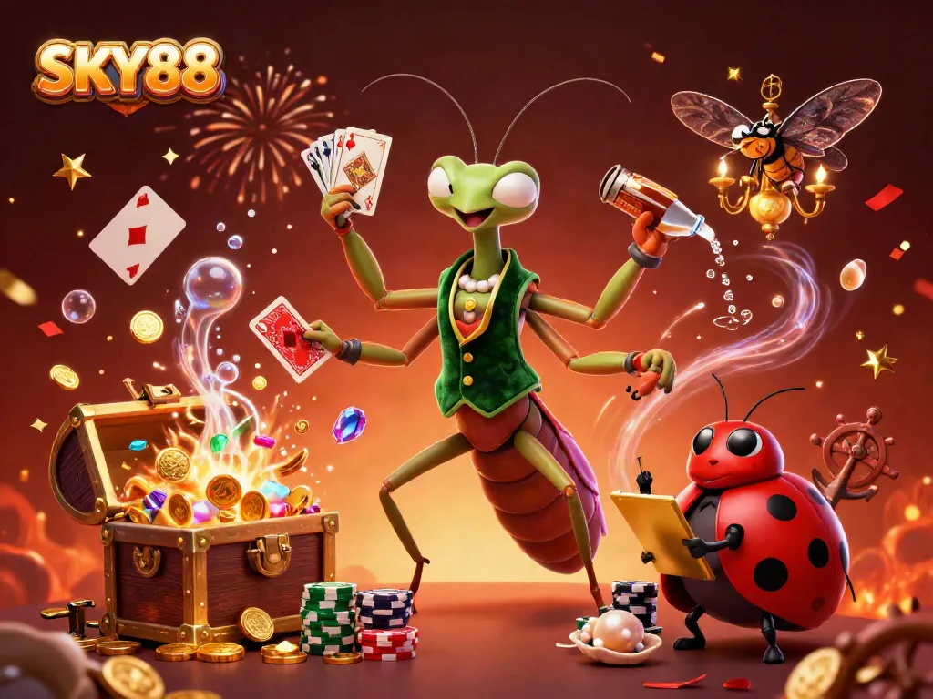 SKY88 casino scene showcasing a giant praying mantis as a card dealer amidst gold coins and festive elements.