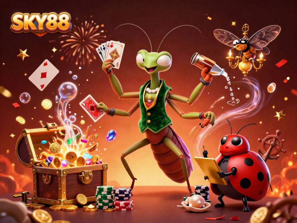 SKY88 casino scene showcasing a giant praying mantis as a card dealer amidst gold coins and festive elements.