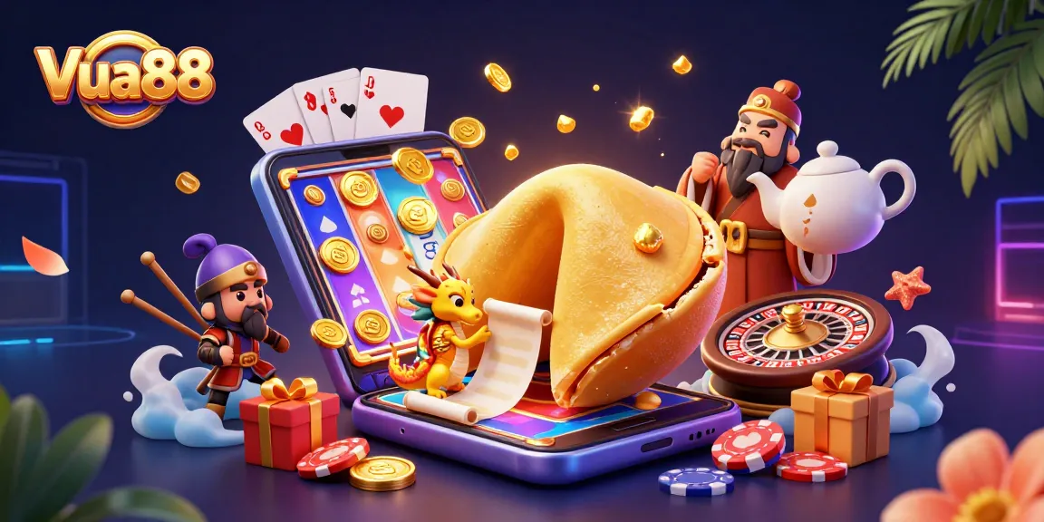 Experience the thrill of winning with Vua88's vibrant 3D casino illustration showcasing exciting gaming elements.
