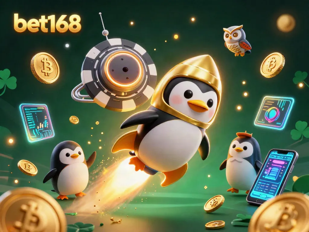 Bet168's dynamic cosmic adventure with a golden penguin and crypto elements lighting up the casino universe.