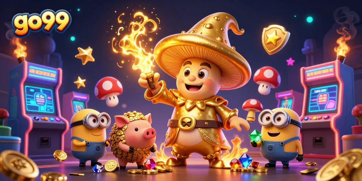 Experience the magic of go99 with a whimsical 3D scene showcasing golden treasures and gaming fun.