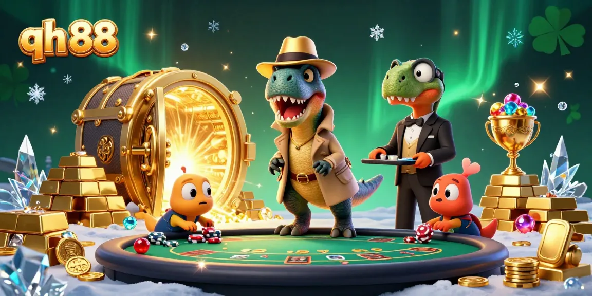 Engage in qh 88's lively casino scene featuring a velociraptor card counter and dynamic treasure elements.