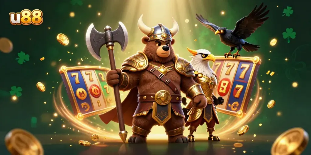 Experience thrilling gameplay with u88's Viking bear and Valkyrie eagle amidst vibrant casino elements.