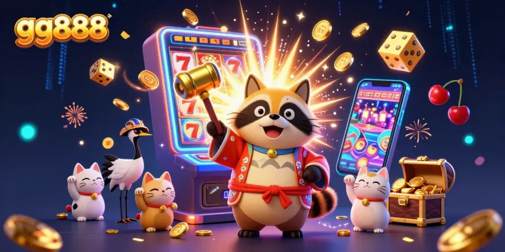 Hit the jackpot at gg888 with a fun 3D illustration featuring animated casino elements and characters.