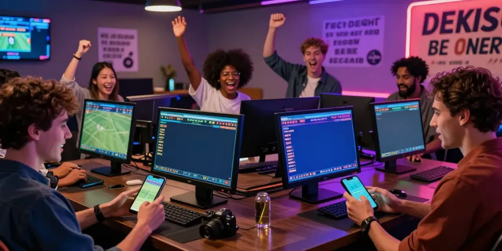 Excited friends engaging in sports betting at https://fabet.com.mx/ in a vibrant lounge.