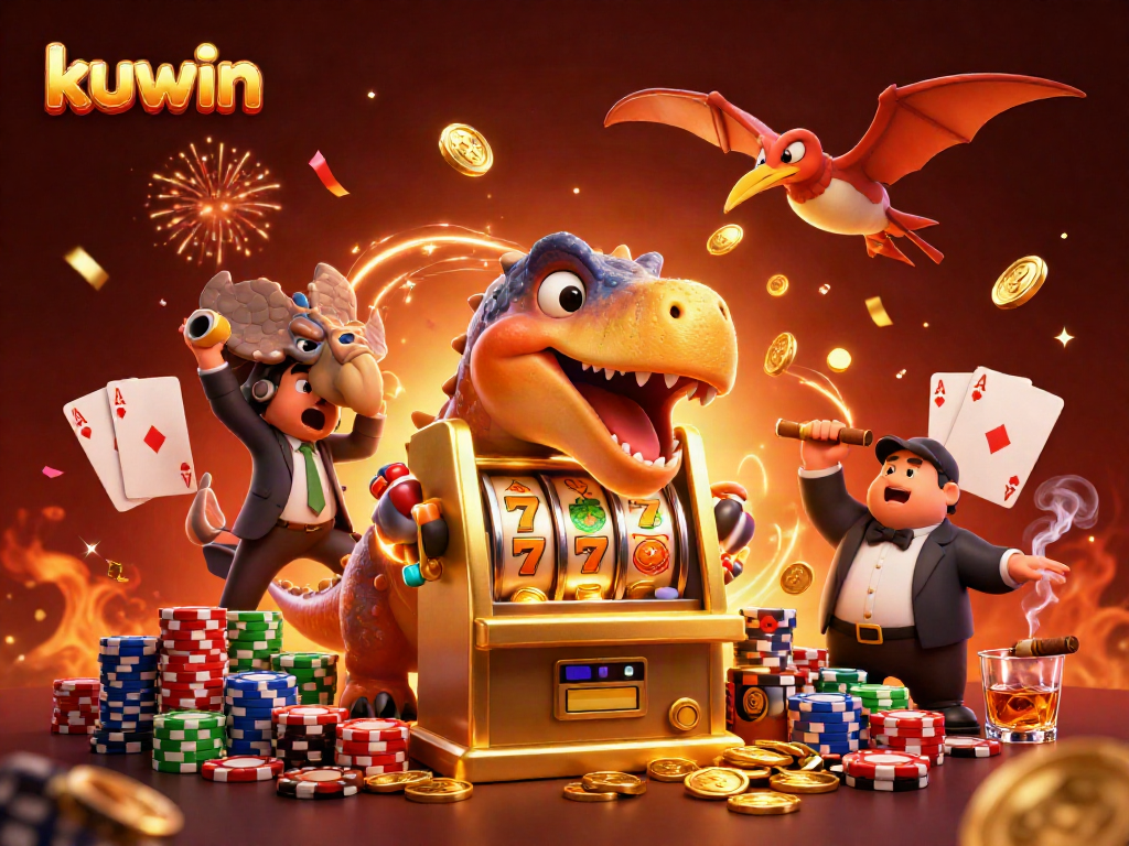 Kuwin's cartoon pachycephalosaurus celebrates jackpot wins with golden coins in a lively casino scene.