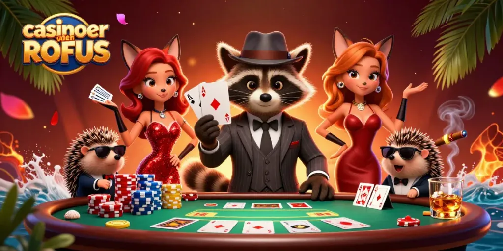 Play exciting games at casinoer uden ROFUS featuring a suave raccoon, a charming fox, and a hedgehog bouncer.