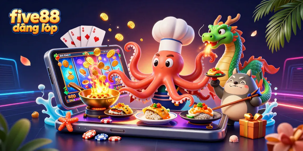 Experience five88 đăng nhập with a dynamic cartoon illustration of an octopus chef and gambling elements.