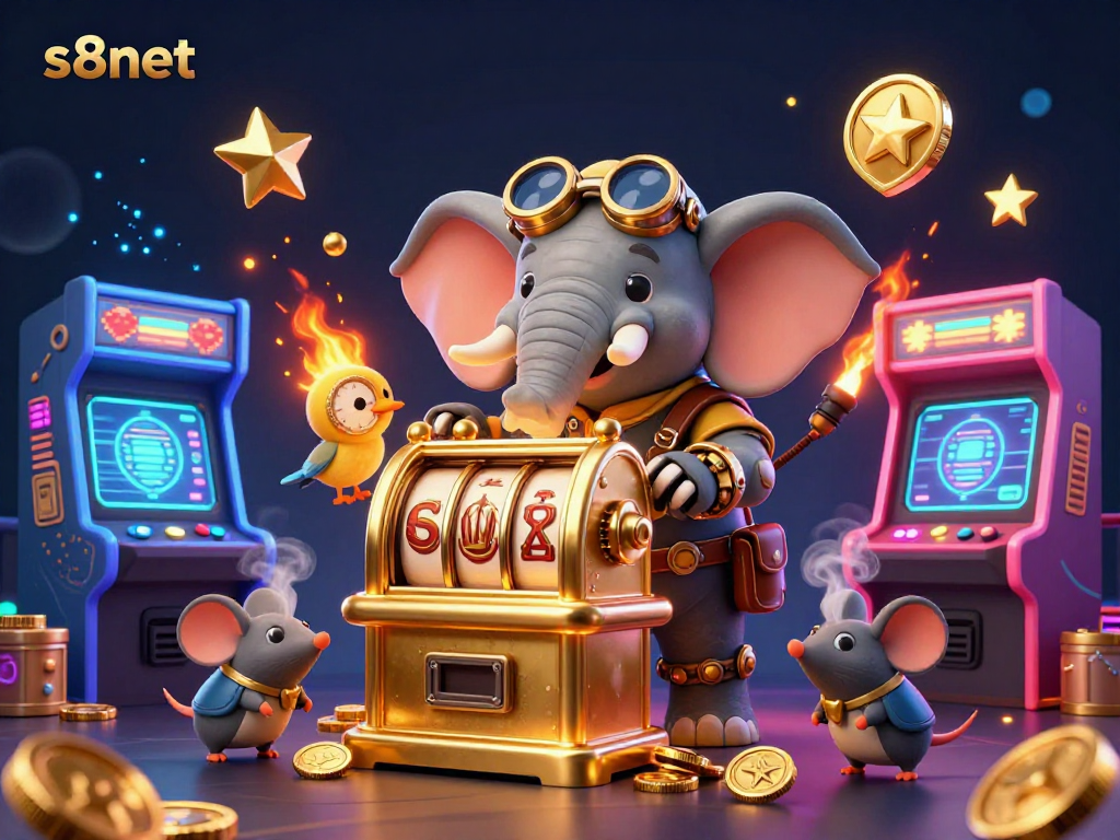 s8net showcases vibrant gambling action with a steampunk elephant operating a golden slot machine in a richly animated scene.