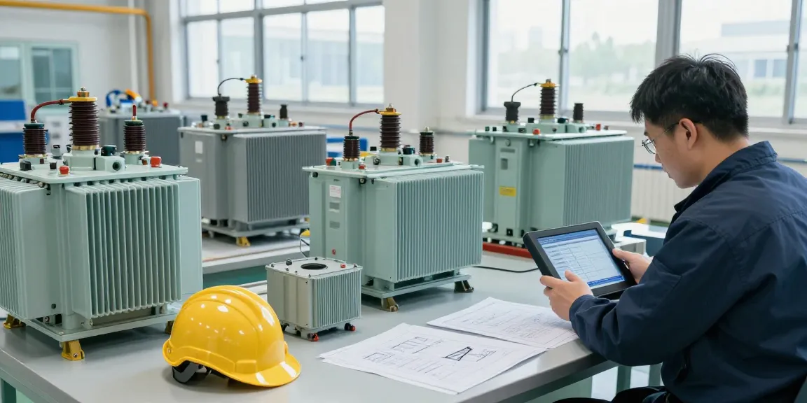 Afbeelding van een ingenieur die de specificaties van diverse dry-type transformatoren controleert in een moderne energie-installatie.