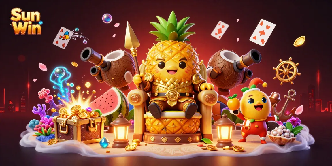 Engage with Sun Win's vibrant beach casino, where cartoon characters enjoy games surrounded by treasures, reflecting fun betting experiences.