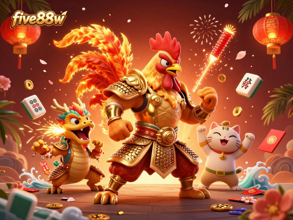 Engage in the vibrant energy of five88w with a dynamic illustration of a rooster warrior and dragon hatchling.