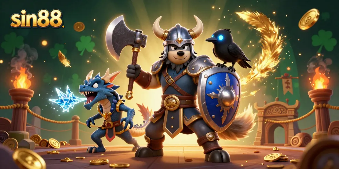 Engage with sin88's thrilling 3D Viking warrior scene amidst a dynamic casino battle arena.