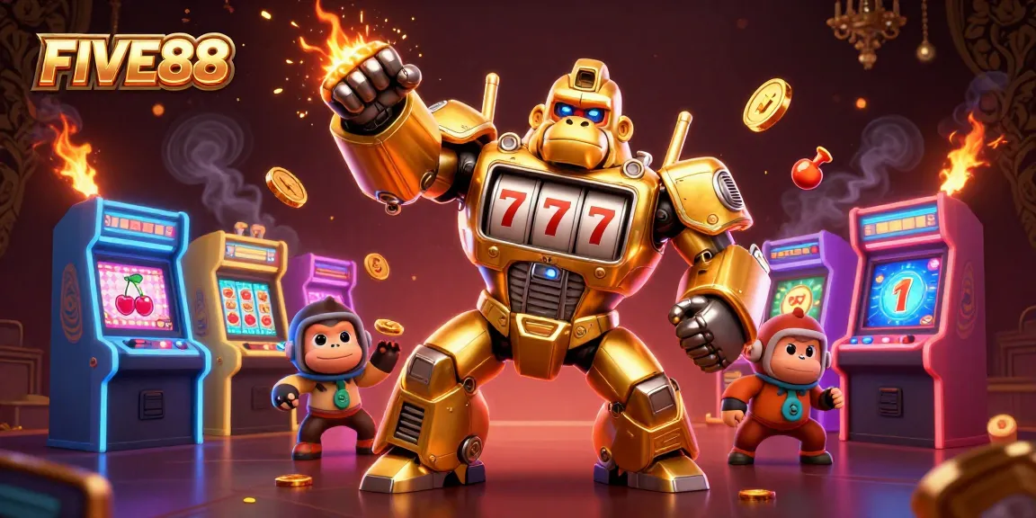 FIVE88's dynamic casino scene featuring a golden gorilla mech and slot machine elements.