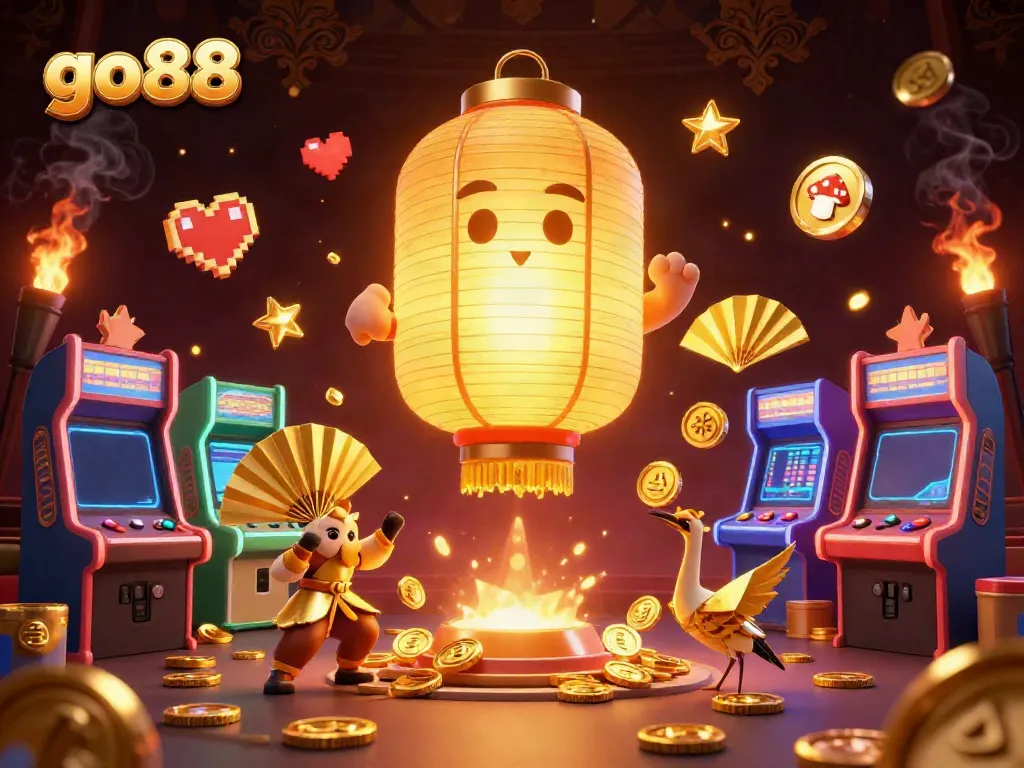 Experience dynamic gameplay at go88 with the illuminated golden lantern spirit and vibrant arcade elements.