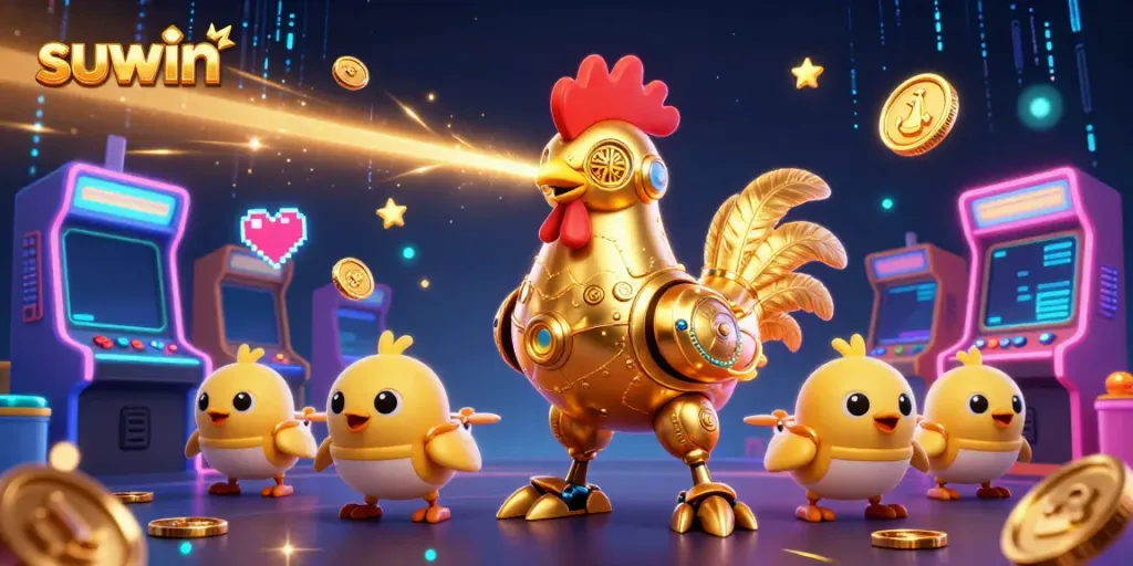 Suwin gameplay featuring a retro-futuristic robotic character engaging in thrilling casino fun alongside baby chick drones.