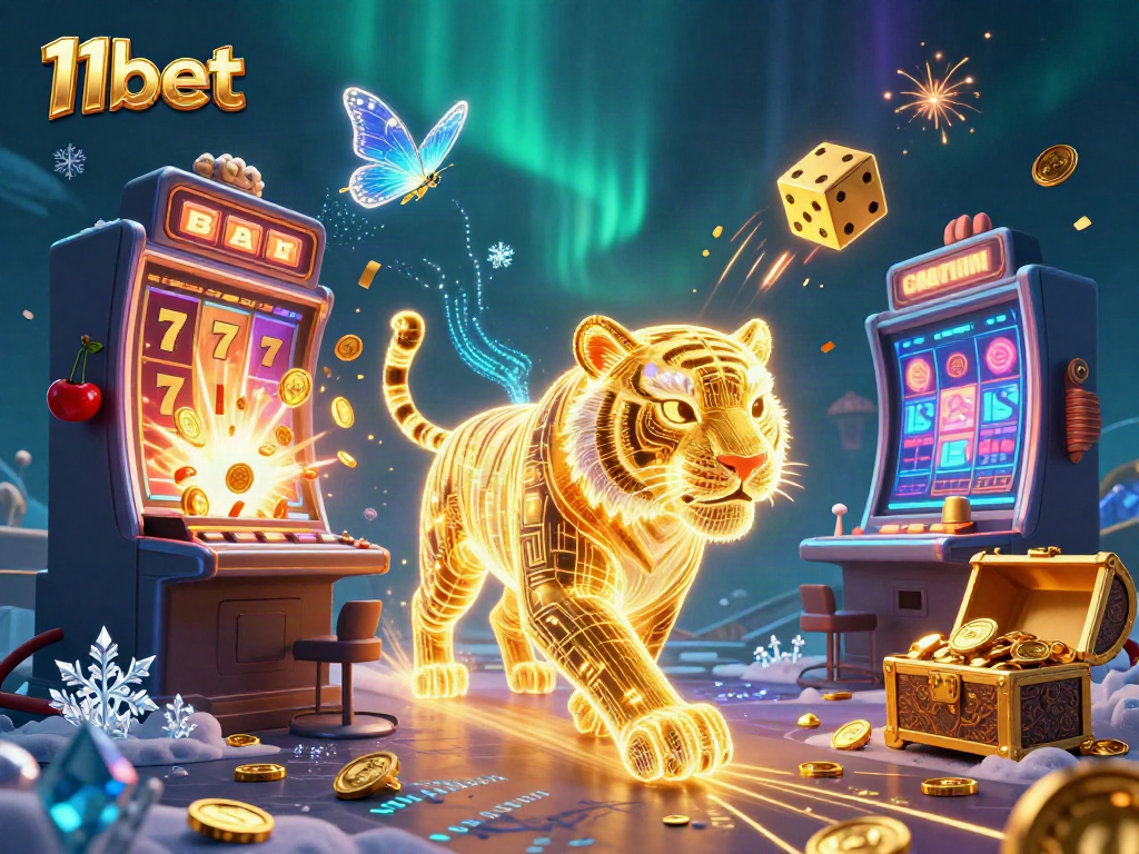 Experience the excitement of 11bet with jackpot slot machines, a golden tiger, and vibrant casino graphics.