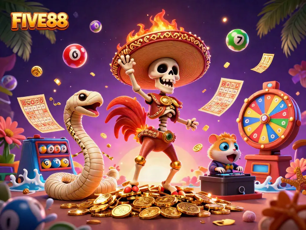 Experience the excitement of FIVE88 with vibrant elements like colorful lottery balls, golden tickets, and dynamic characters.