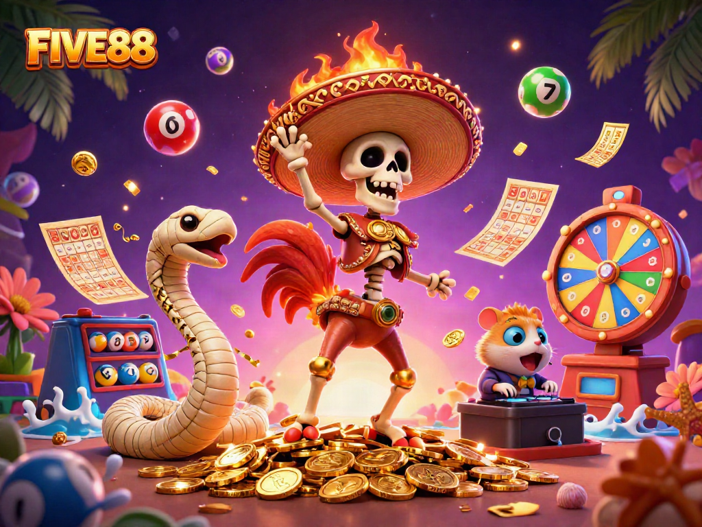 Experience the excitement of FIVE88 with vibrant elements like colorful lottery balls, golden tickets, and dynamic characters.
