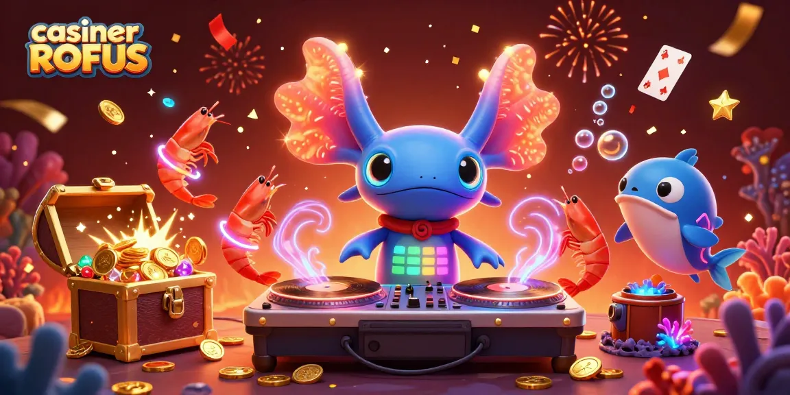 Engage with casinoer uden ROFUS in a vibrant underwater party featuring a neon-colored axolotl DJ, dancing shrimp, and more!