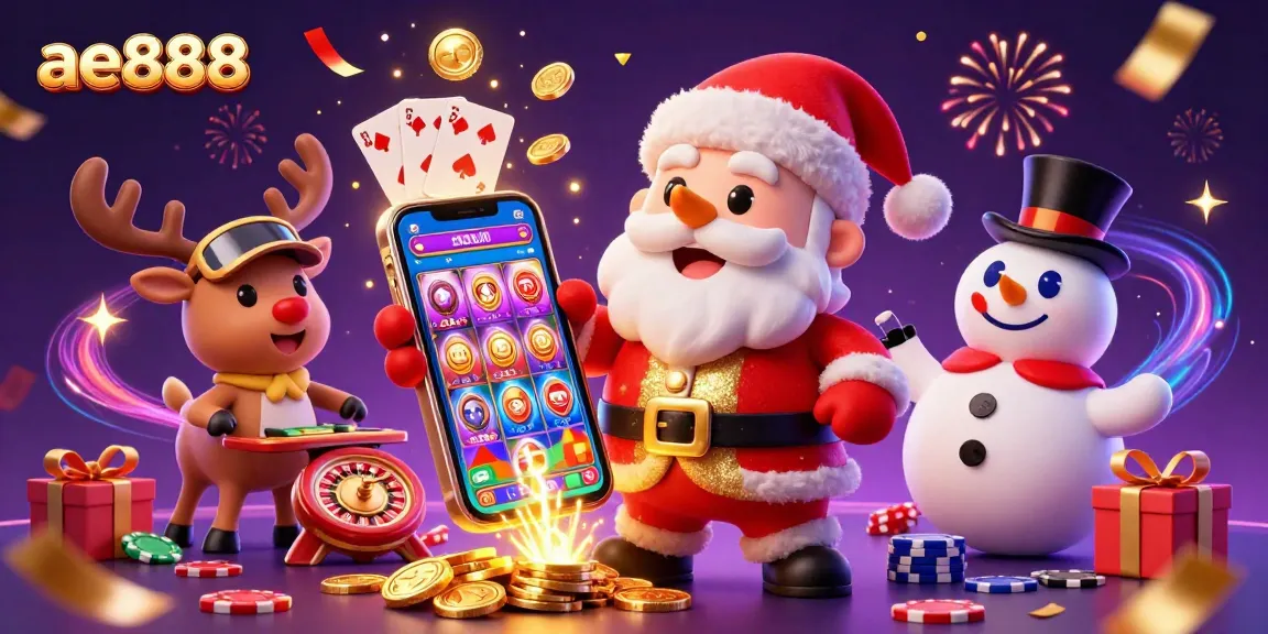 Engage in the ae888 casino experience with a festive 3D illustration featuring a cartoon Santa and fun gaming elements.