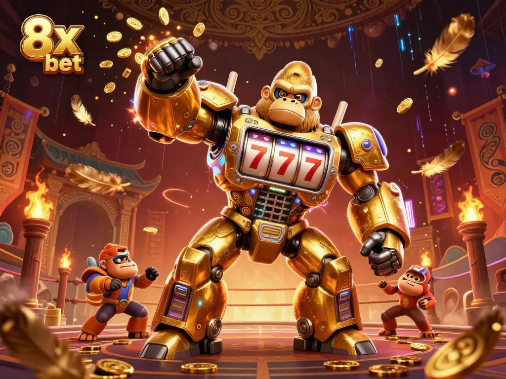Experience the thrill of winning with 8x bet in this dynamic casino-themed illustration, featuring a golden gorilla mech.