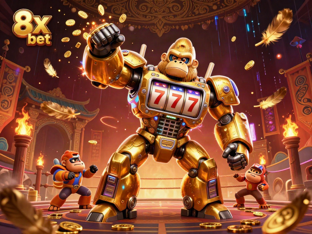 Experience the thrill of winning with 8x bet in this dynamic casino-themed illustration, featuring a golden gorilla mech.