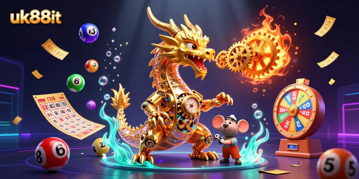 Experience excitement with uk88it, featuring a vibrant scene with a golden dragon and dynamic lottery elements.