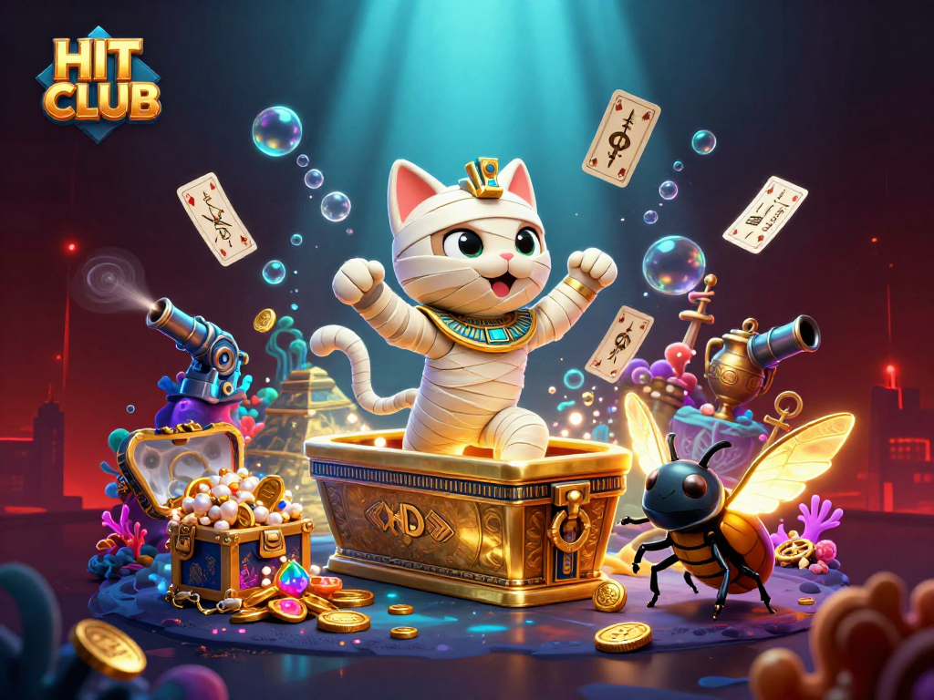 Engage with the thrilling HIT CLUB gaming scene featuring a mummy cat and treasures.