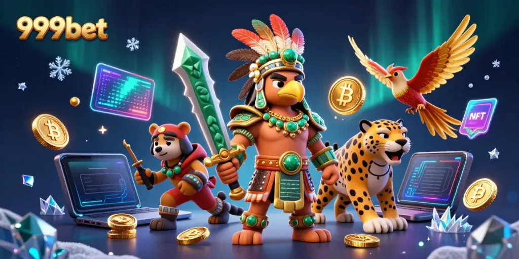 Experience the exciting world of 999bet with an Aztec warrior surrounded by crypto elements in this dynamic casino scene.