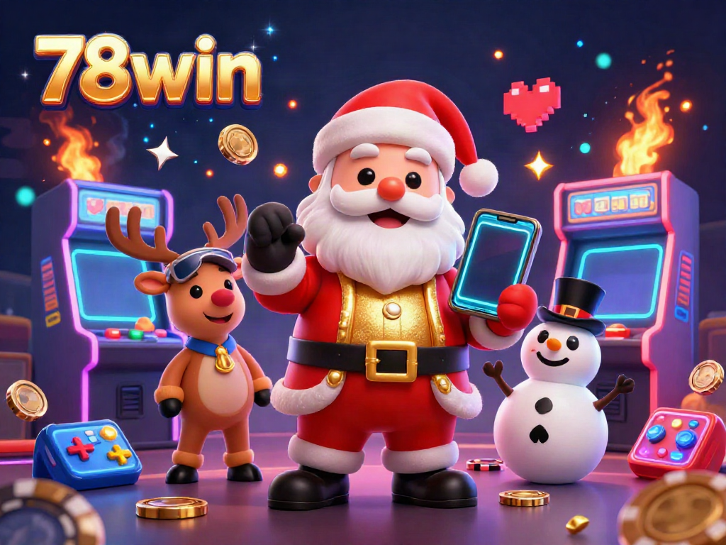 Experience the thrill of jackpots at 78win with Santa and friends in a vibrant casino scene.