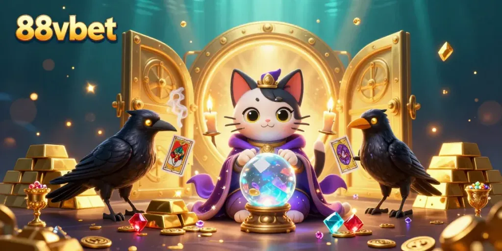 Experience the magic of 88vbet through a vibrant 3D casino scene with a mystic cat and a fortune teller.