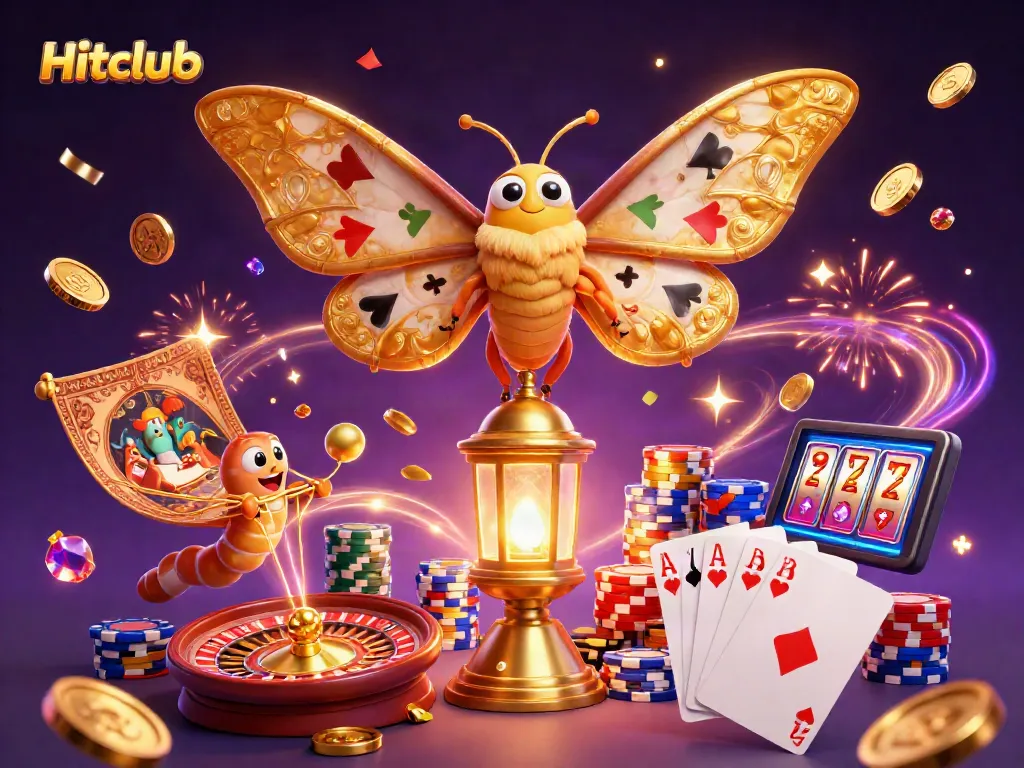 Experience the thrill of Hitclub with golden casino symbols flying through an enchanting scene.