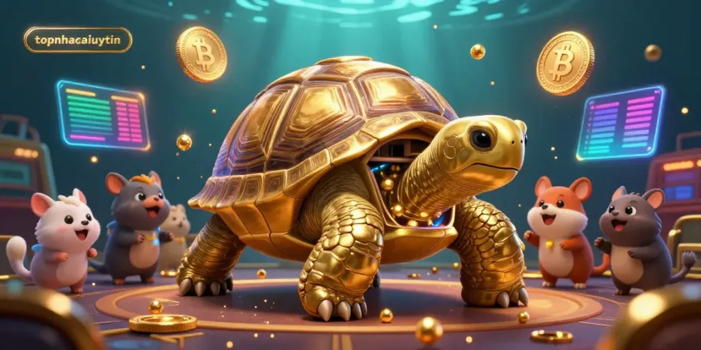 Experience the vibrant energy of topnhacaiuytin with a golden tortoise pinball machine and crypto elements.