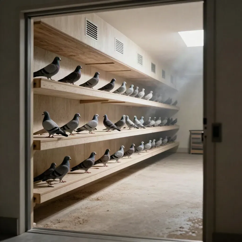 Modern duivenhok met ventilatieroosters, perches, lichtbanen en een droge open vloer