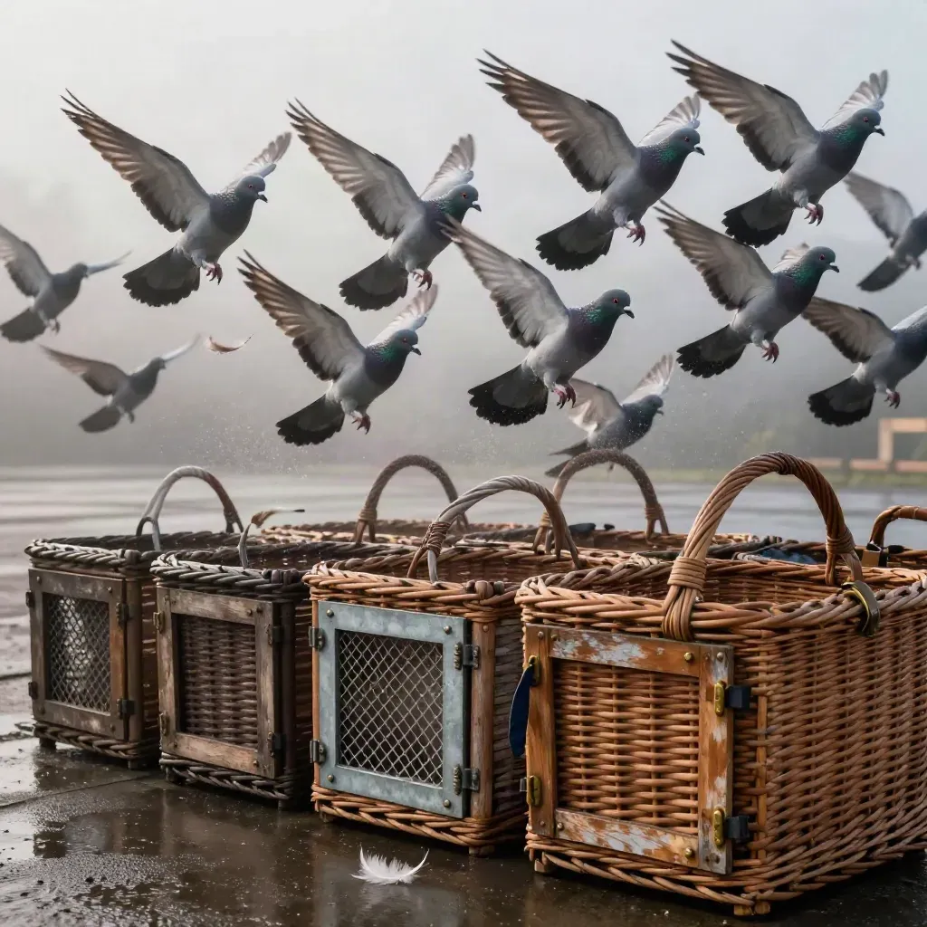 Racingduiven stijgen op uit wicker releasebaskets in koele ochtendlucht en mist.