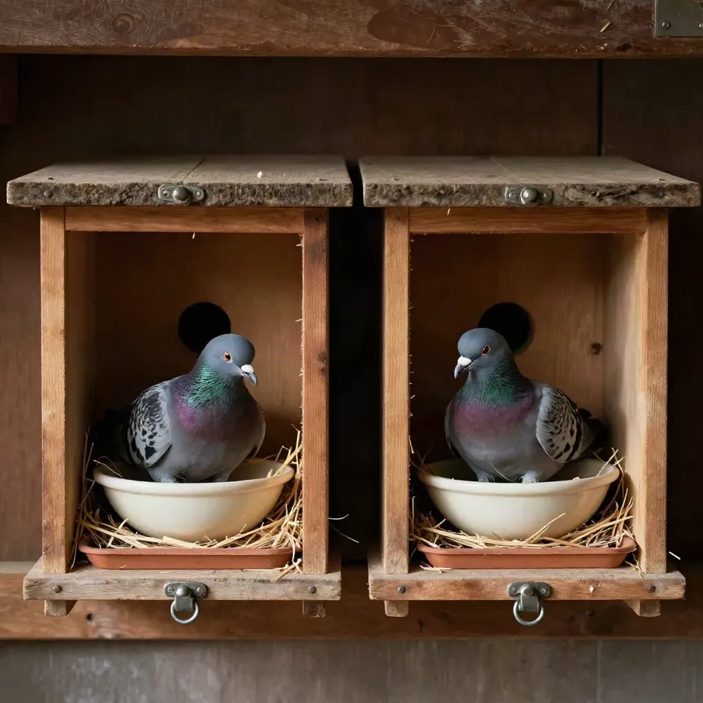 Twee kweekboxen met nestschalen en rustende duiven in een stil duivenhok.