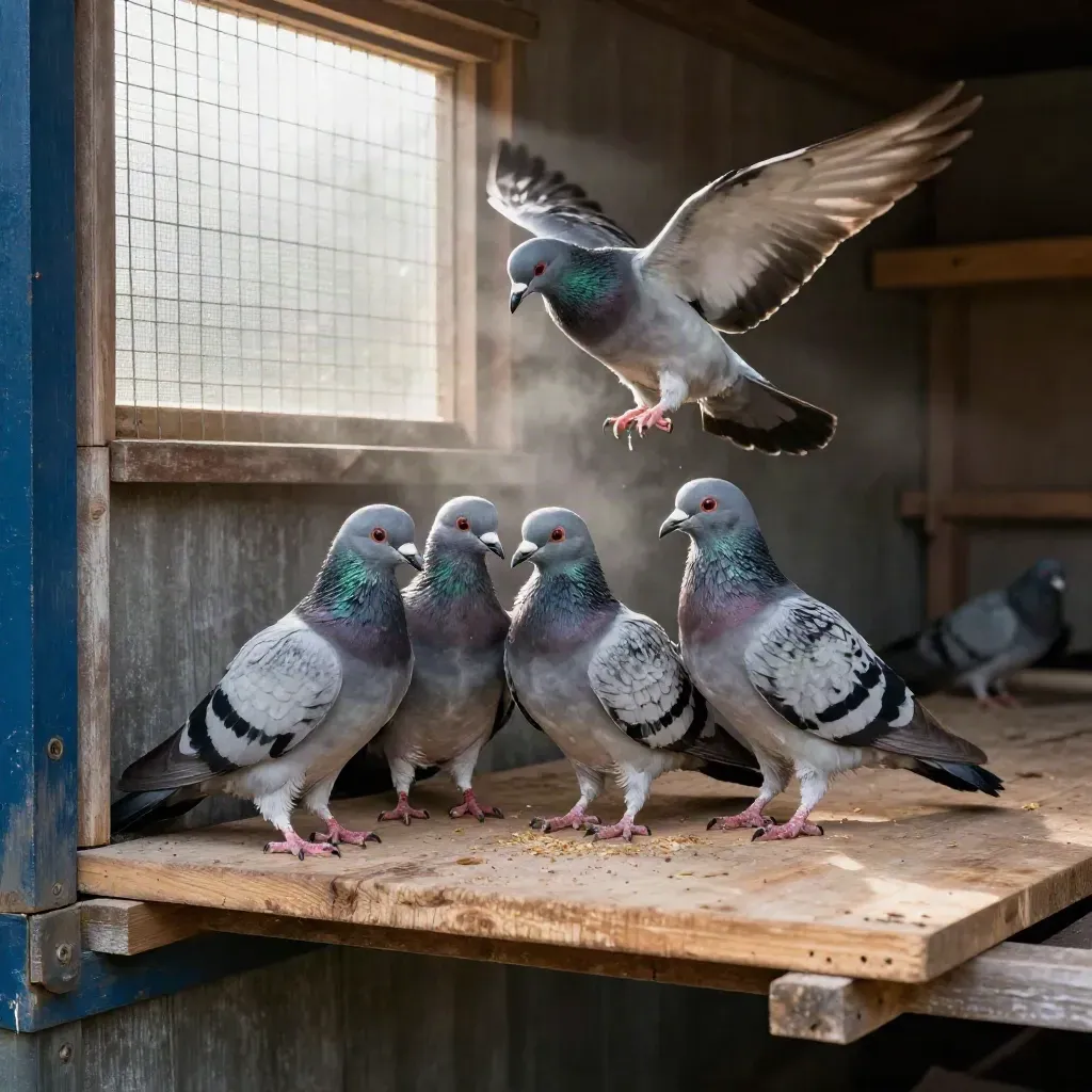 Vier jonge duiven landen op een schoon hokbord, een vijfde duif keert in een boog terug