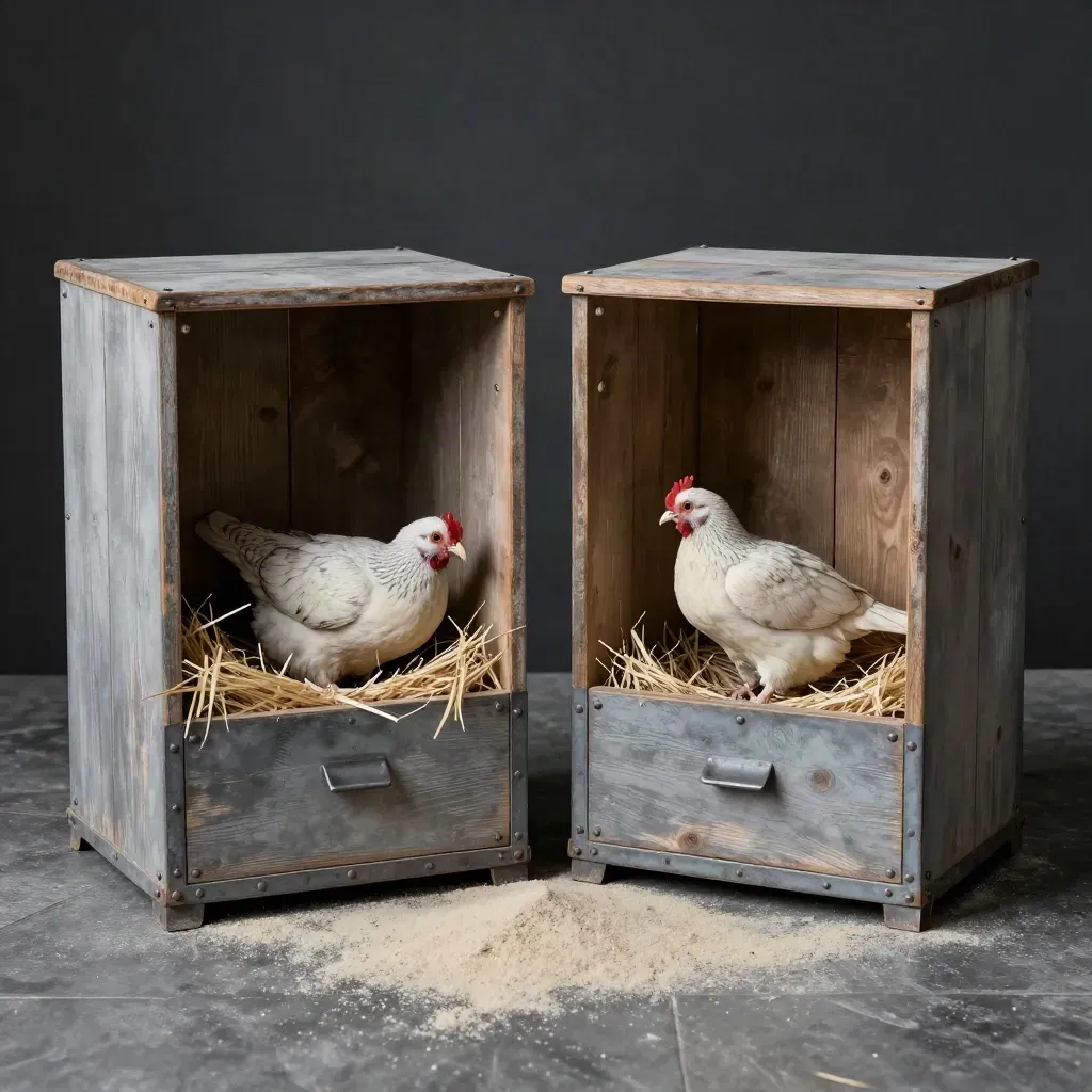 Twee kweekvakken met nestschalen en vers stro in een stil duivenhok