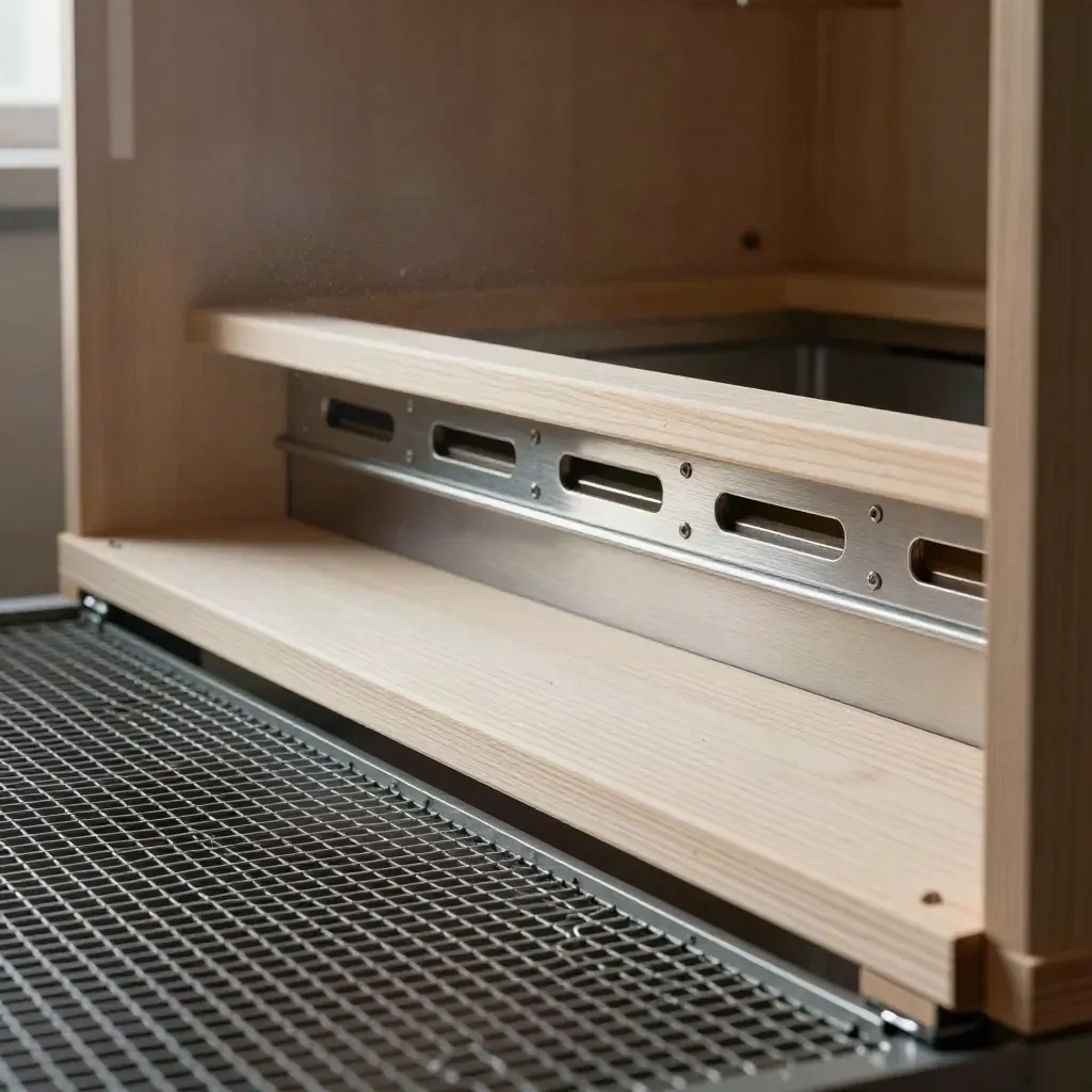 Detail van een luchtiger duivenhok met ventilatiesleuven, perches en lege looppaden.