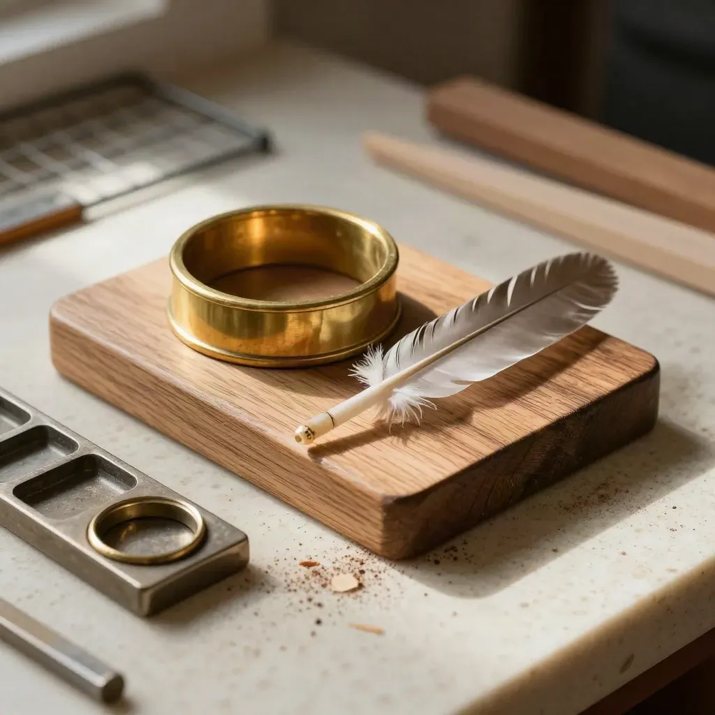 Brass ring sorter, houten nestspaan, veer en sorteerbak op een travertijnen werkbank in een duivenhok