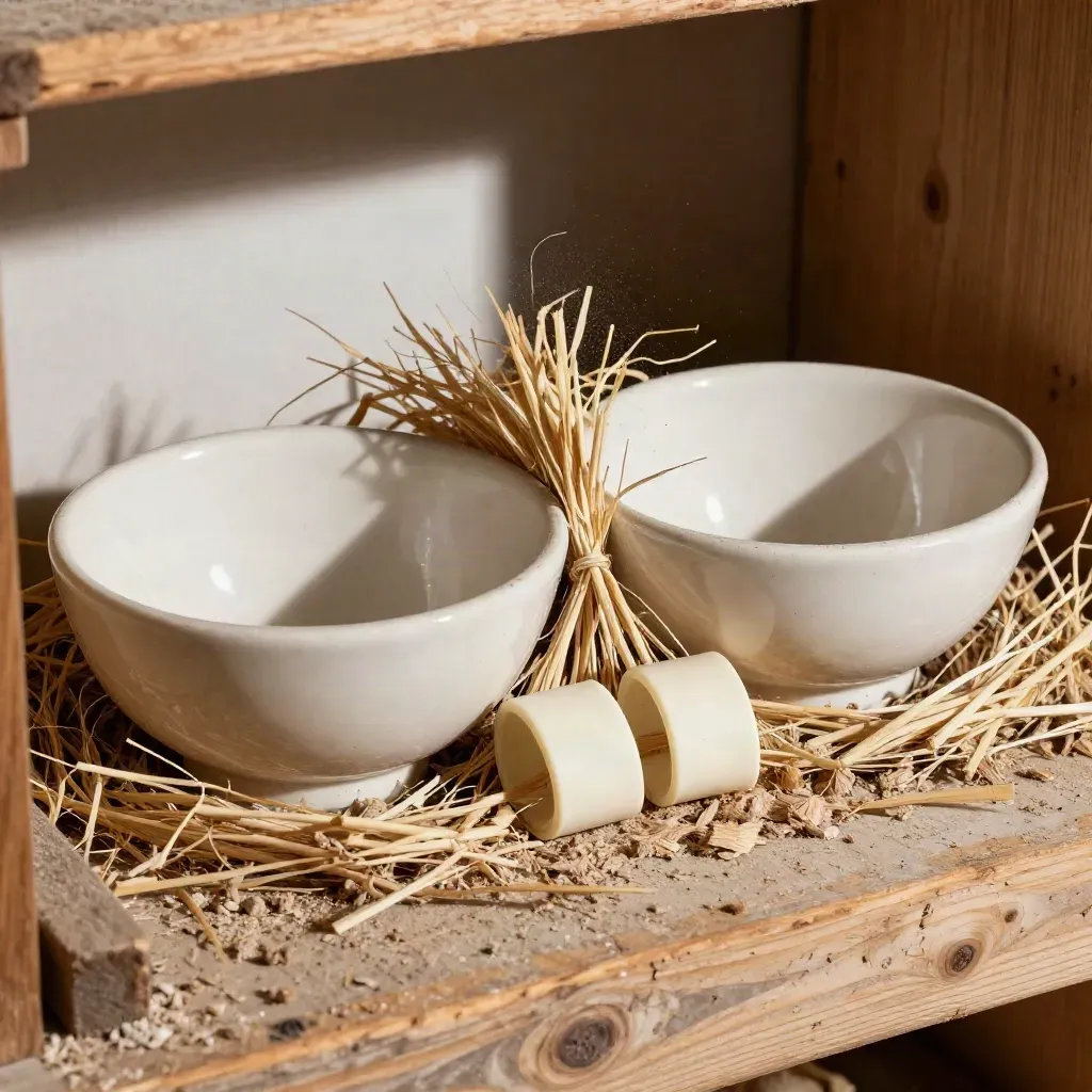 Twee keramische nestschalen met stro en gepaarde pootbandjes in een duivenkweekhok.