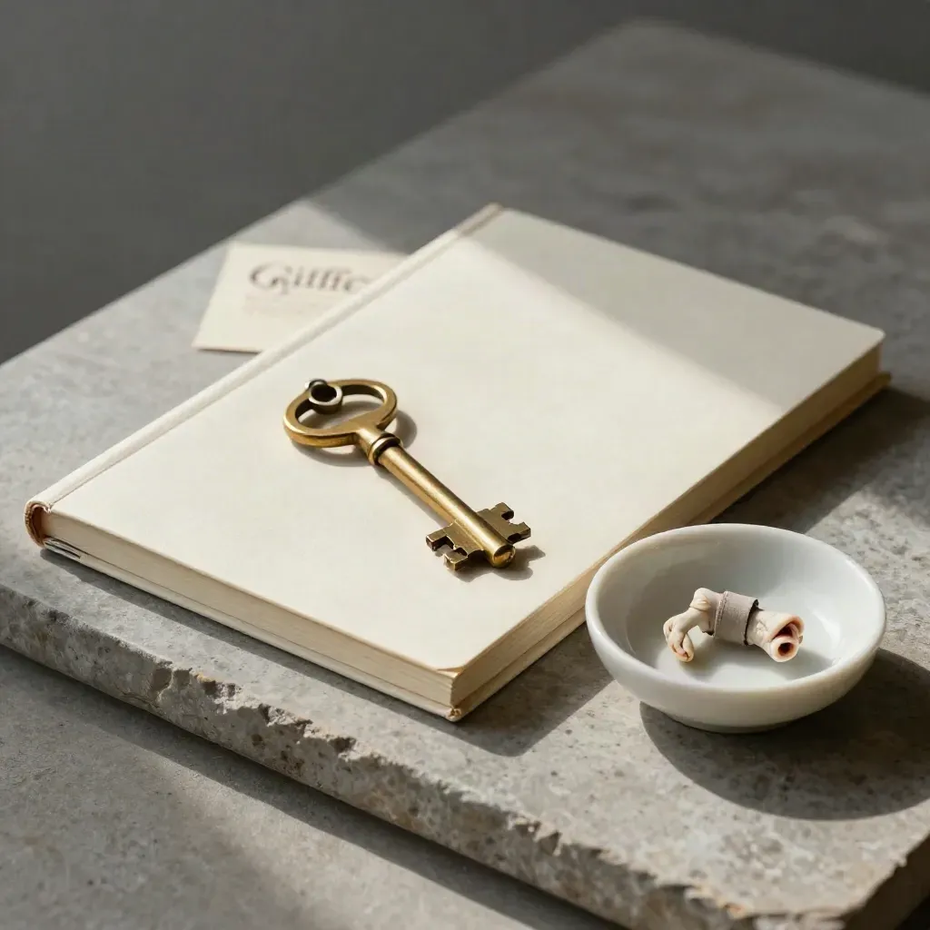 Brass loftsleutel met crème notitieboek en klein schaaltje op een stenen plaat.