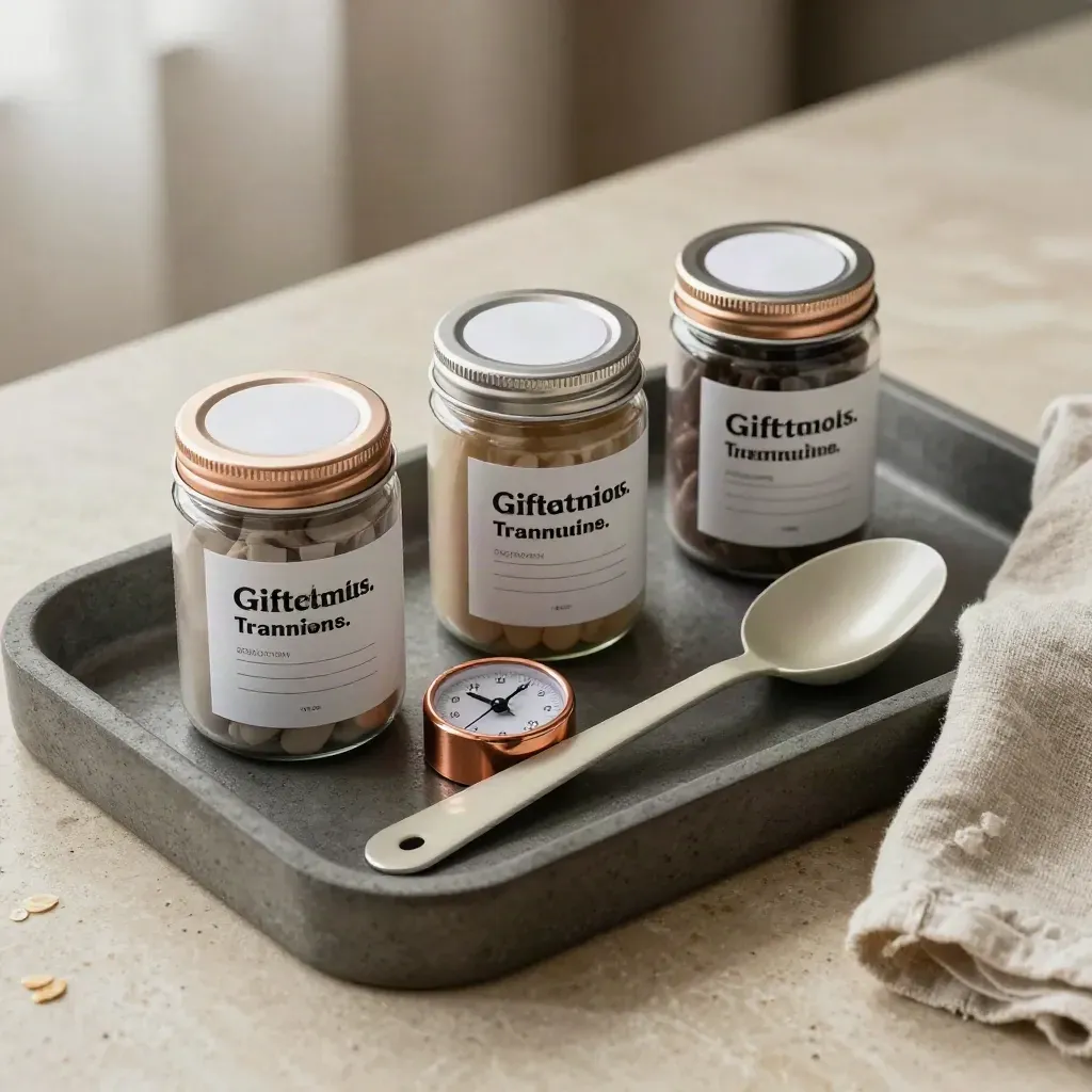 Drie supplementpotjes, een schepje en een timer op een matte tray.