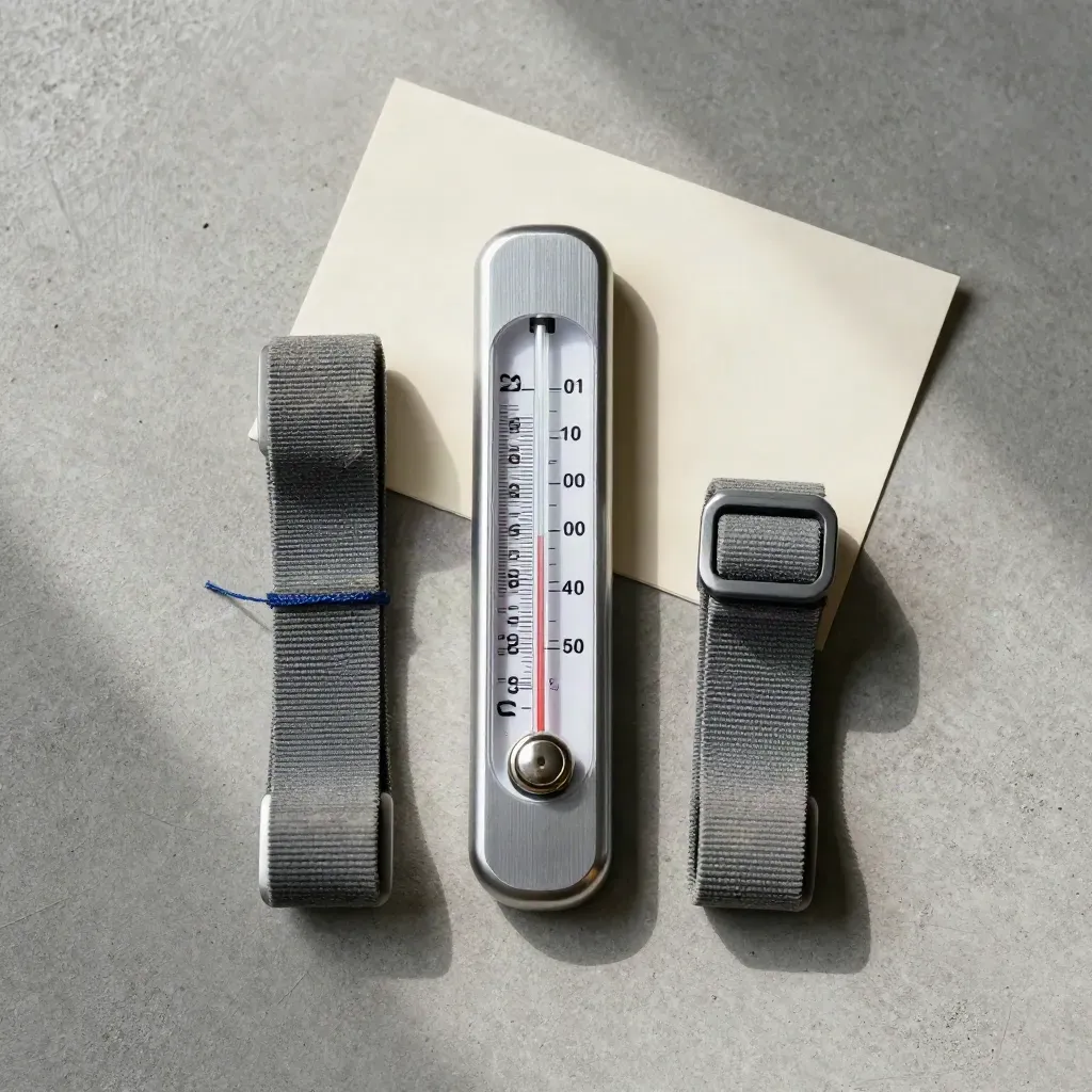 Legbanden, loftthermometer en telsteen op beton, van boven gefotografeerd.
