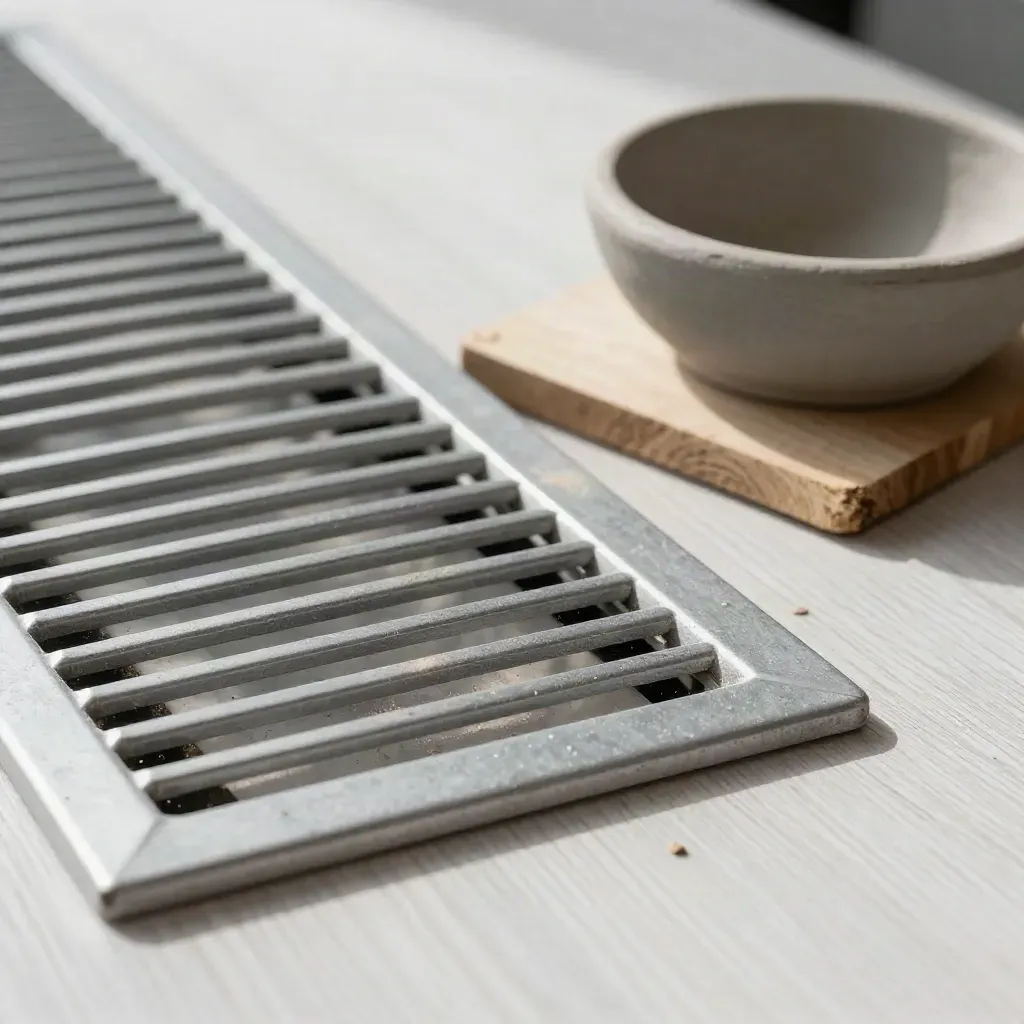 Ventielrooster, houten zitstok en kleienestkom op een rustige plank in zacht licht.