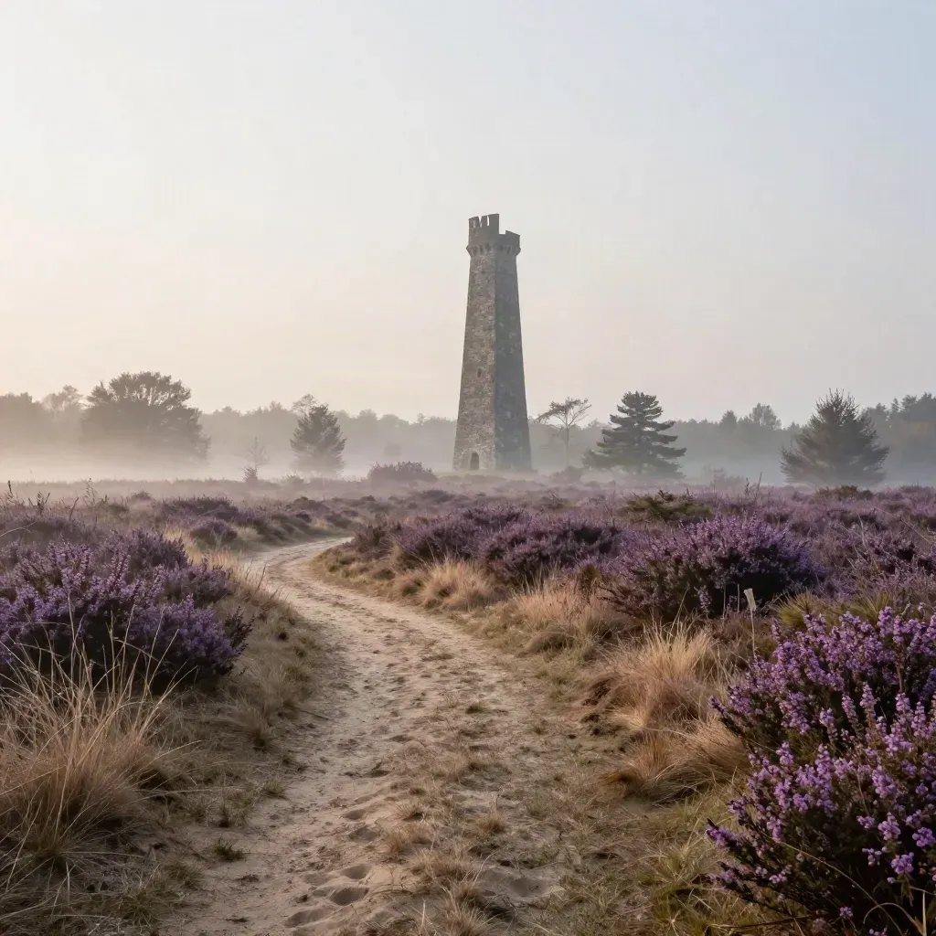 Veluwse heide in ochtendmist met een verre bakstenen toren en paars gras.