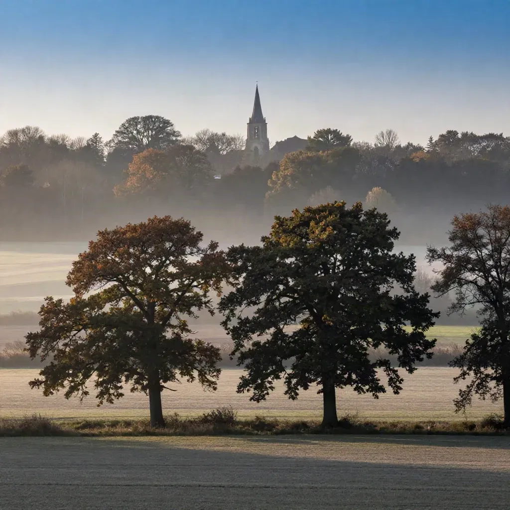 Mistige Utrechtse Heuvelrug met bomen, verre kerktoren en rustige akkers bij zonsopkomst