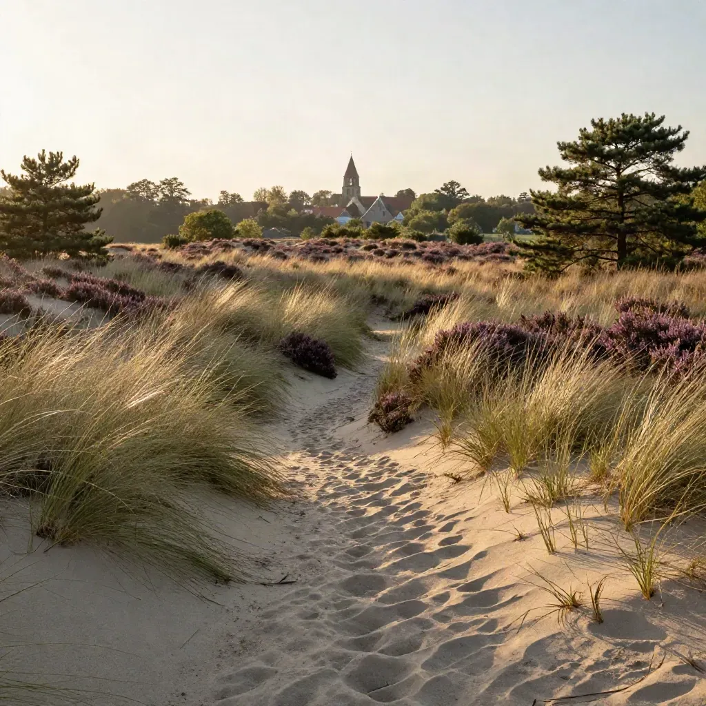 Brabantse heide met dennenrand en verre kerktoren in warm avondlicht